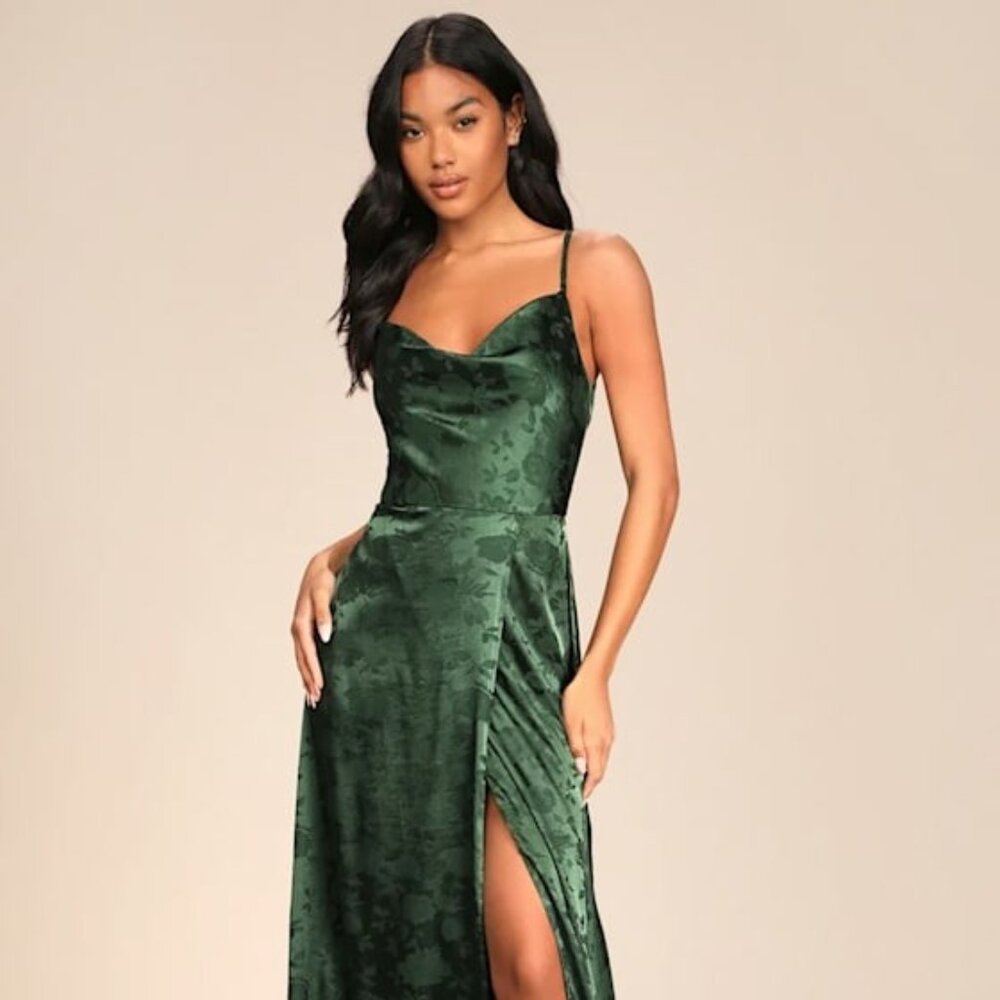 Lulus Simply Dreamy Emerald Green Satin Floral Jacquard Maxi Dress- NEVER WORN